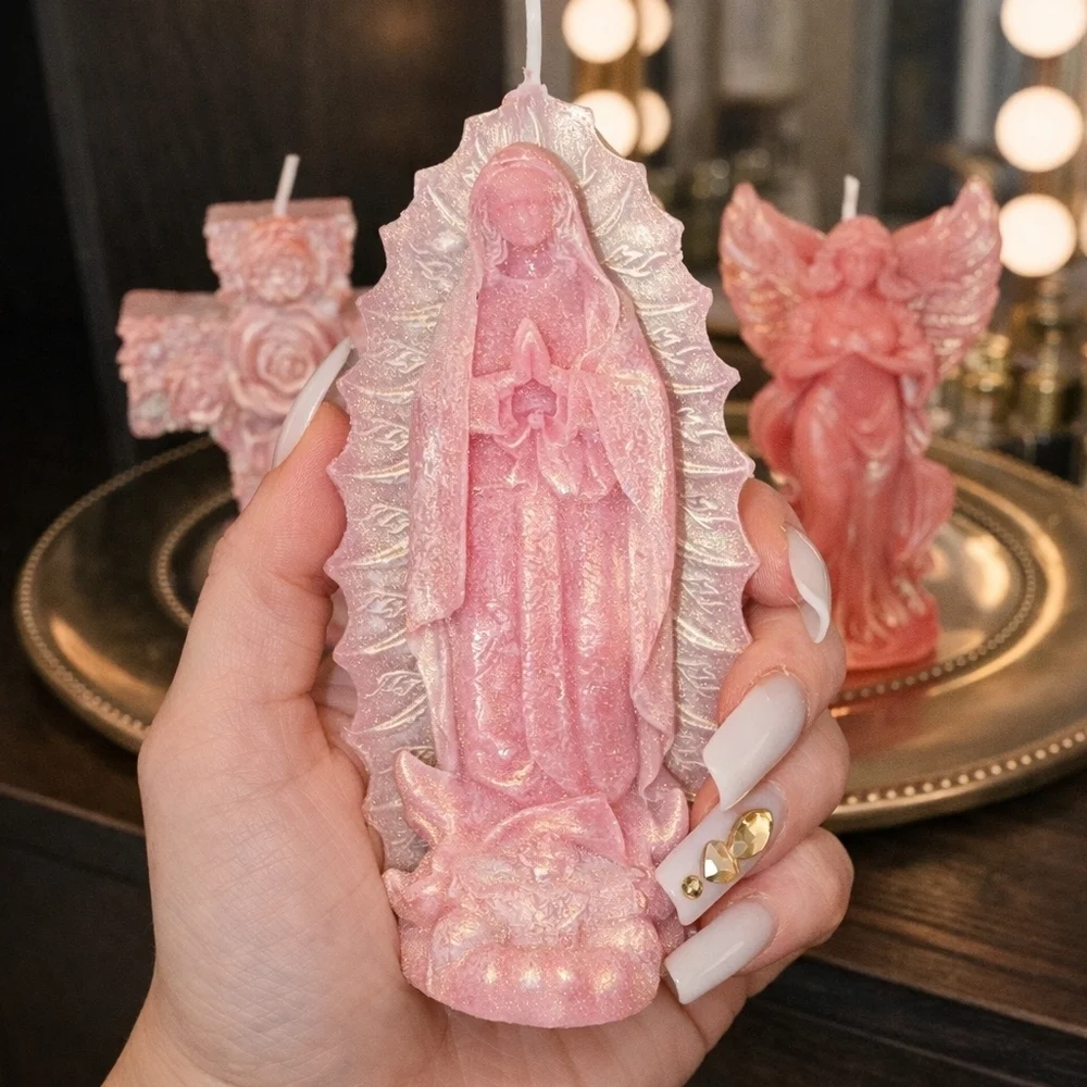 3pc Pink Shimmer Beeswax Devotional Candle Set – Cross, Virgen & Angel (7oz)